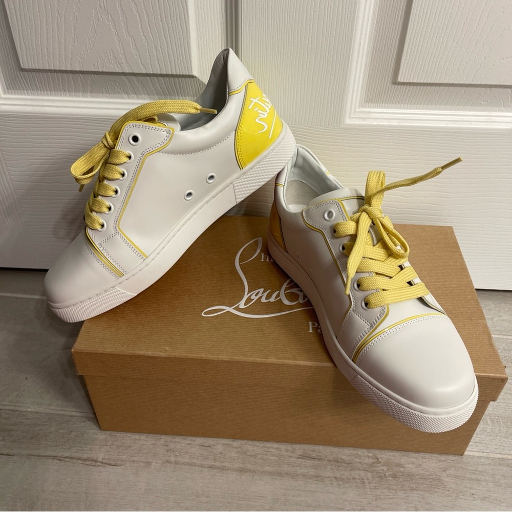 Christian Louboutin Fun Vibira Flat White Yellow Leather Sneakers Sz 38